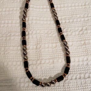 design by Paula necklace costume vtg black and gold beads 28".